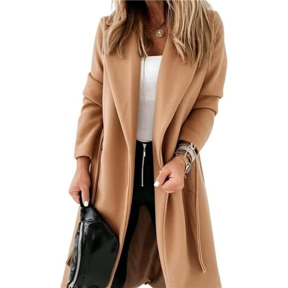 Womens Notched Lapel Collar Coats Open Front Long Jackets Overcoat